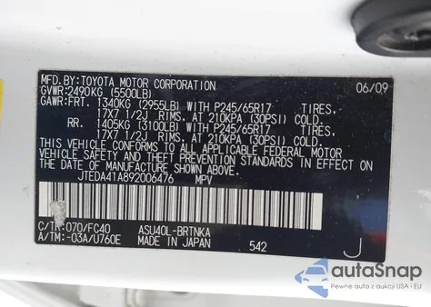 2009 Toyota Highlander из США, поврежденный, VIN JTEDA41A892006476